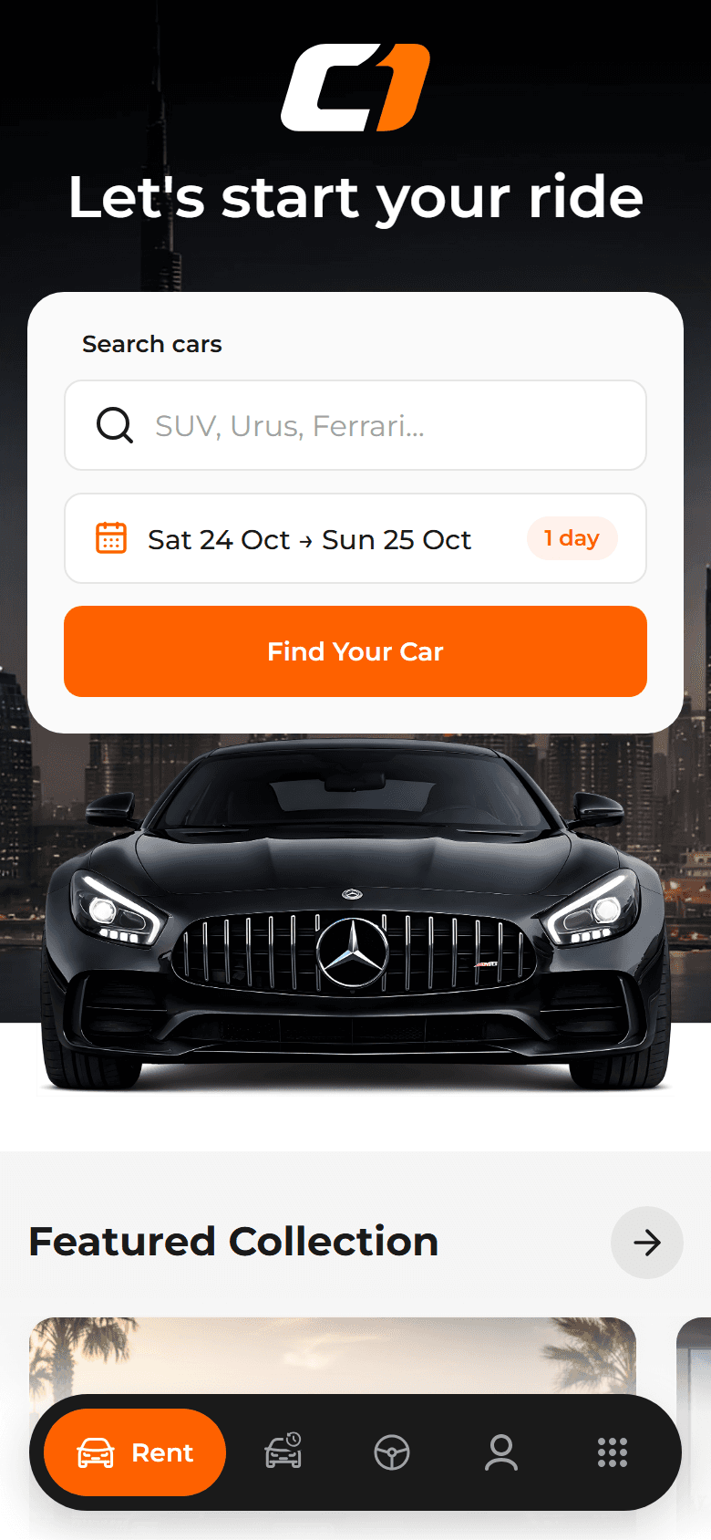 The OneRent app home screen