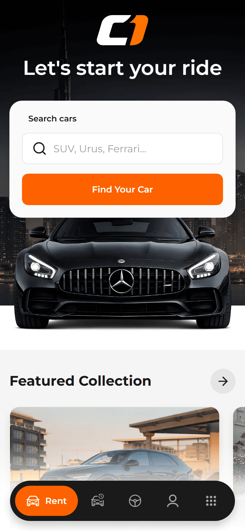 The OneRent app home screen